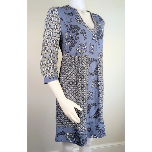 Boden Mollie Blue White Mixed Print Minidress Shift V-Neck 3/4 sleeve Size 8 - Picture 3 of 12